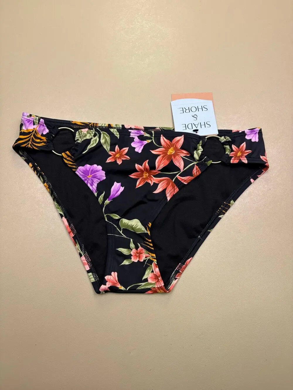 NWT Shade & Shore Bikini Bottoms Black Floral Ring Detail Medium Coverage Small